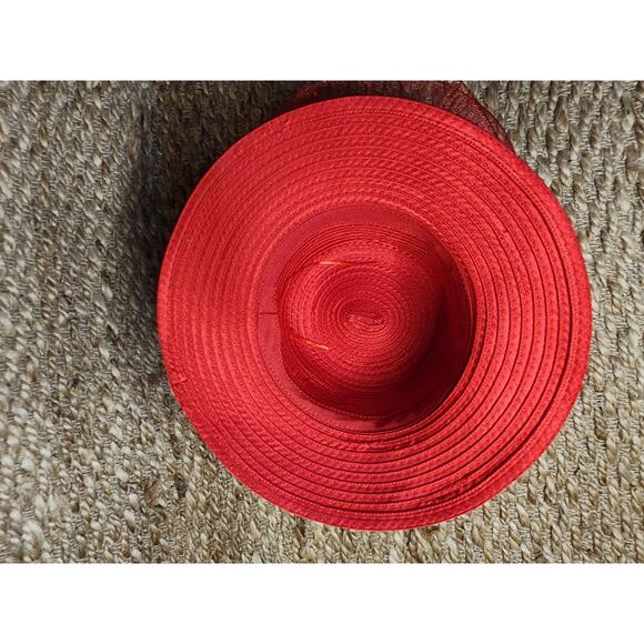 Red Straw Wide Down Brim Hat Flowers Net Feathers Satin Dome Adjustable Derby main image 5